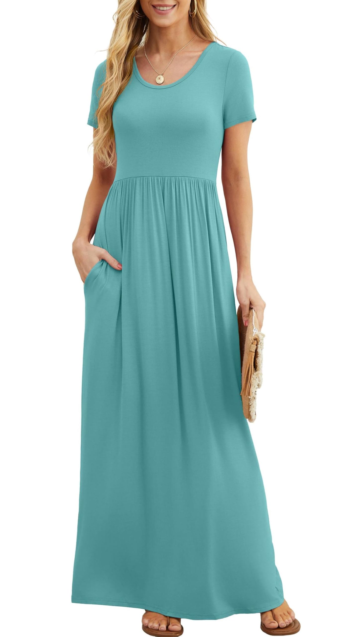 Bridget Abito Maxi Donna – Girocollo Uni, Linea Fluida & Vita Alta con Tasche Estate