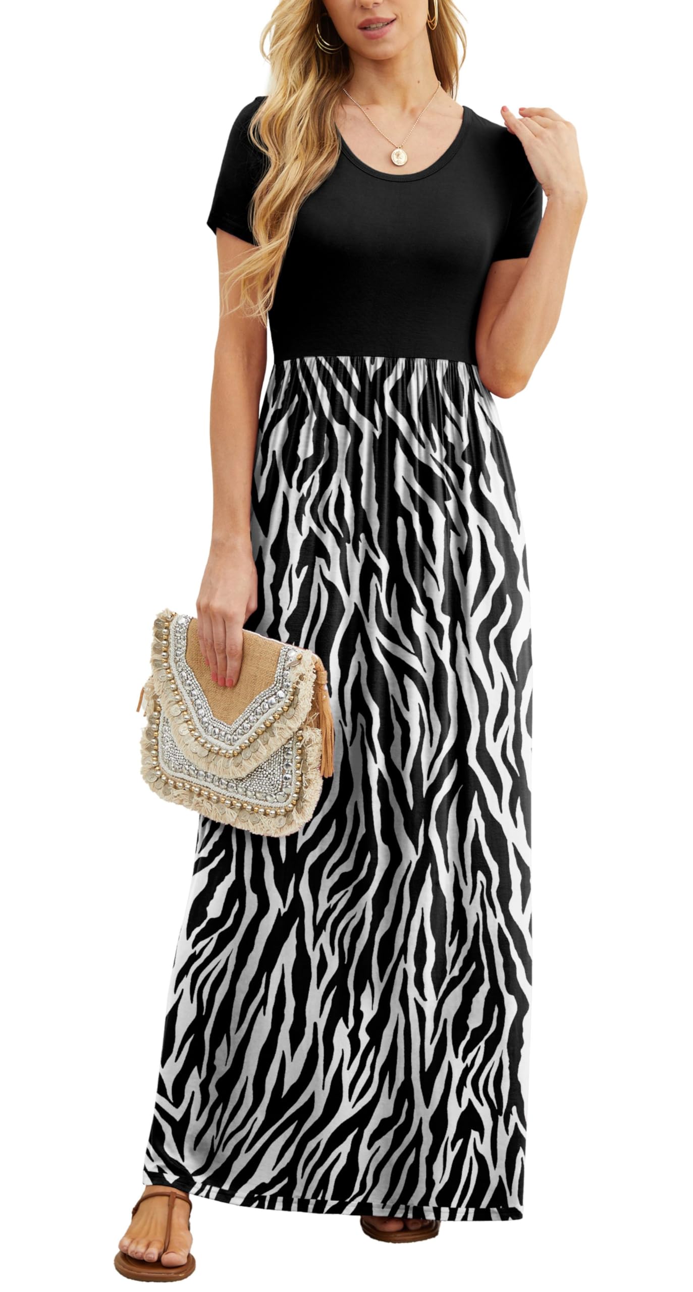 Bridget Abito Maxi Donna – Girocollo Uni, Linea Fluida & Vita Alta con Tasche Estate