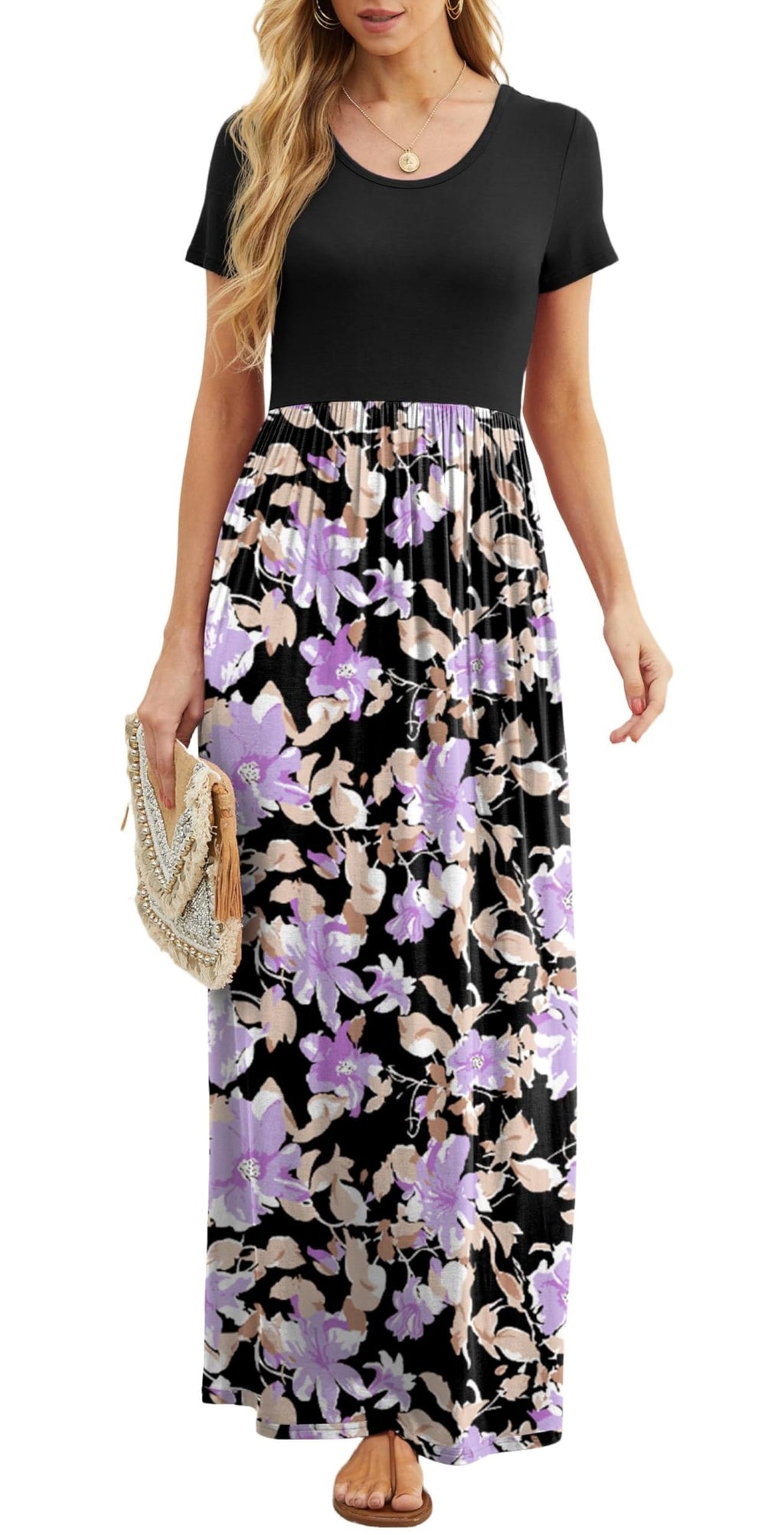 Bridget Abito Maxi Donna – Girocollo Uni, Linea Fluida & Vita Alta con Tasche Estate