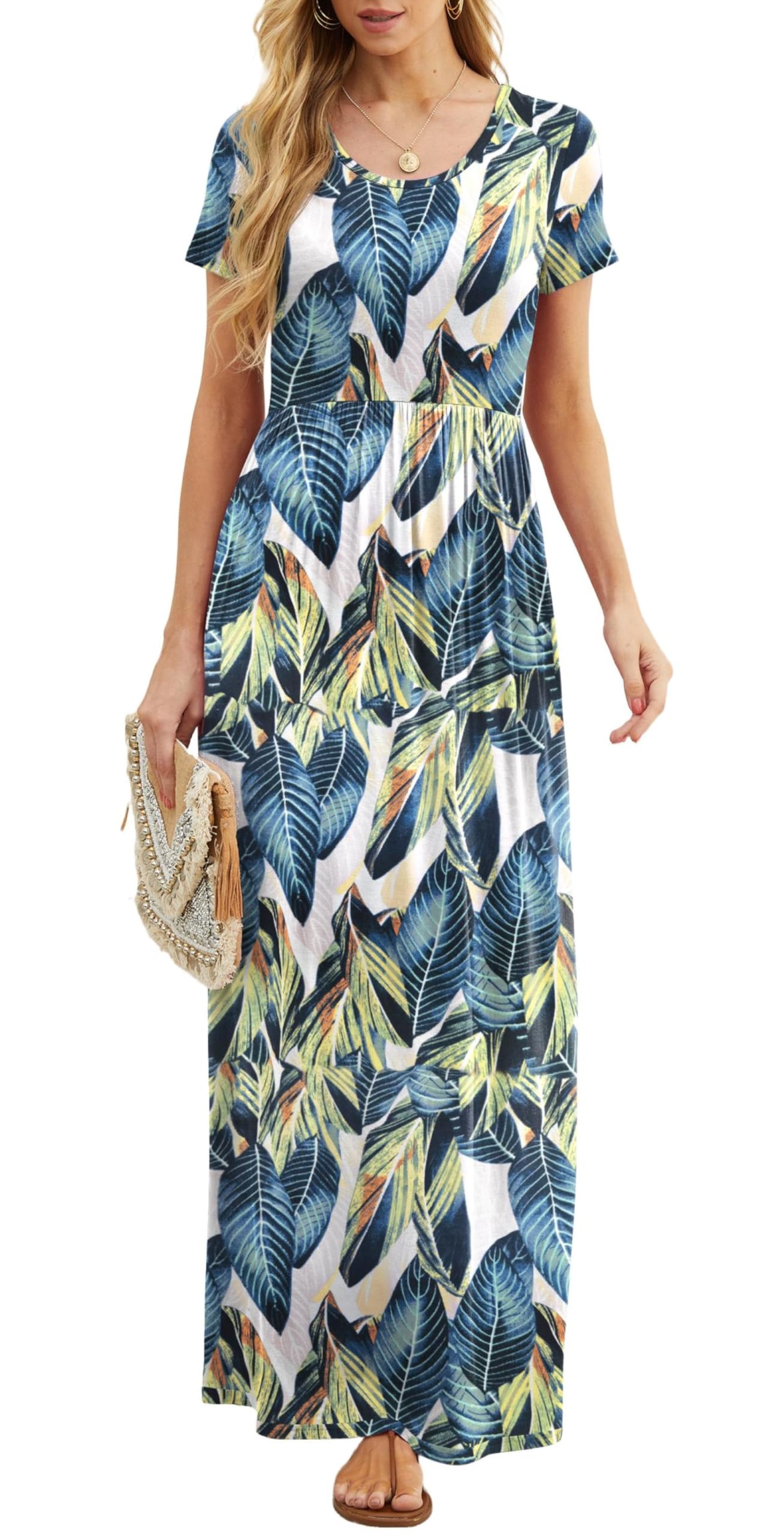 Bridget Abito Maxi Donna – Girocollo Uni, Linea Fluida & Vita Alta con Tasche Estate