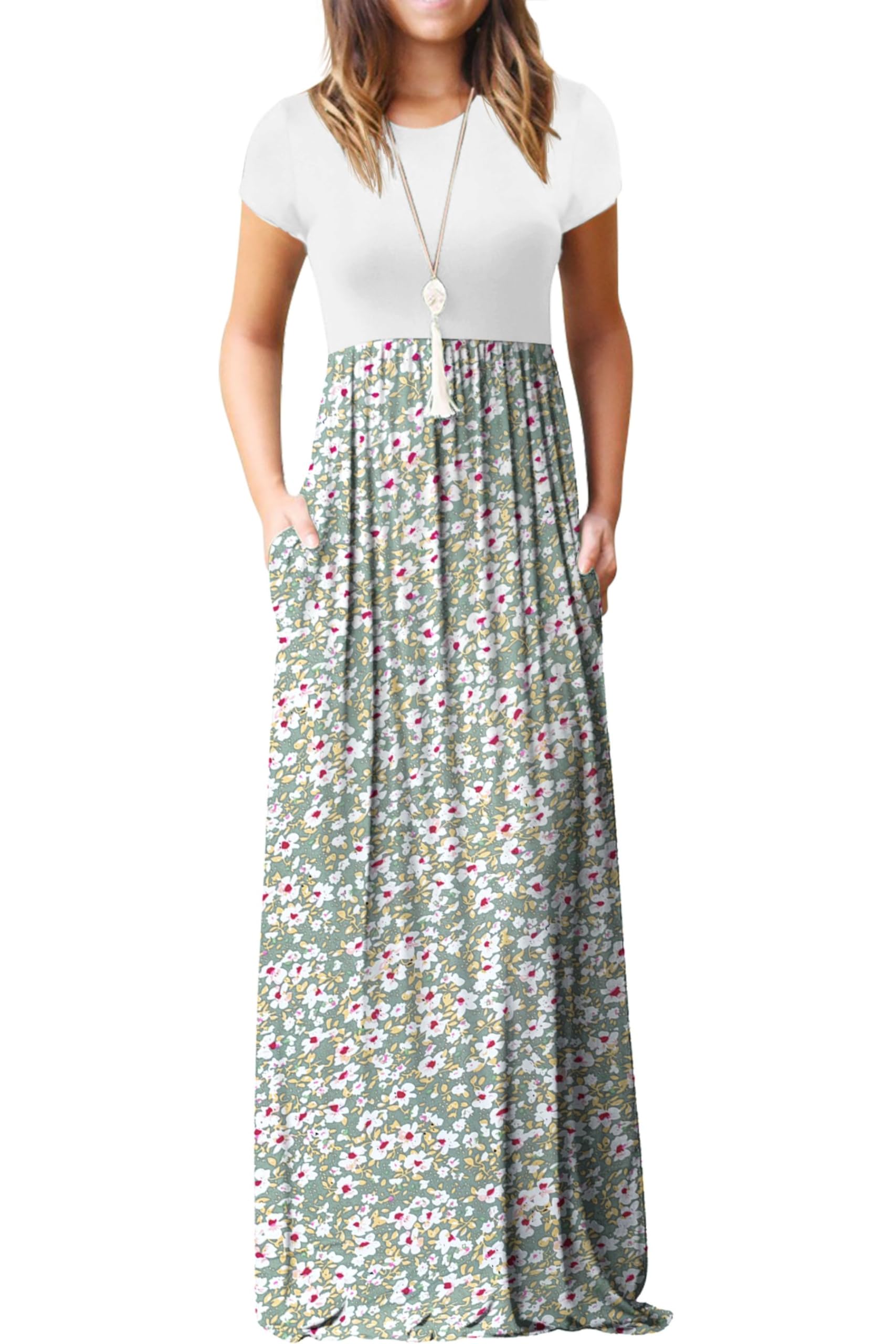 Bridget Abito Maxi Donna – Girocollo Uni, Linea Fluida & Vita Alta con Tasche Estate