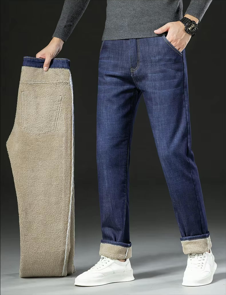René Jeans Uomo Doublé Polaire – Pantalone Denim Caldo Slim Fit per l’Inverno