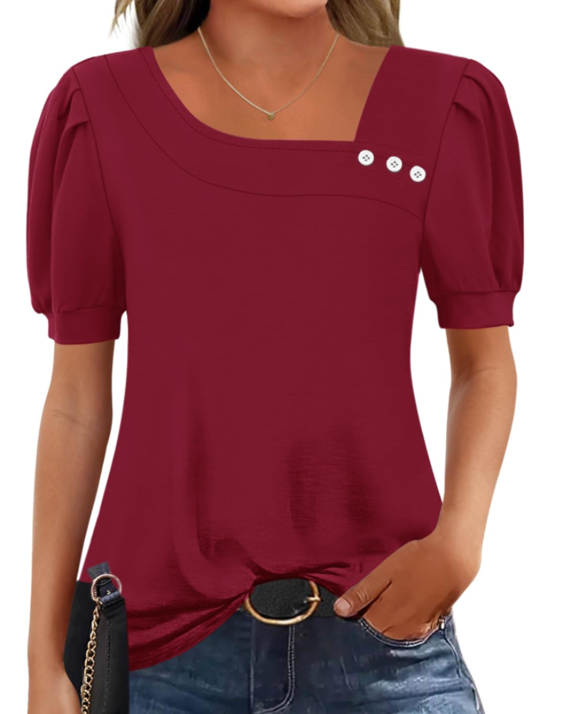 Samira Top Donna – Blusa Scollo Quadrato Asymétrique Boutonnée, Maniche Corte Eleganti