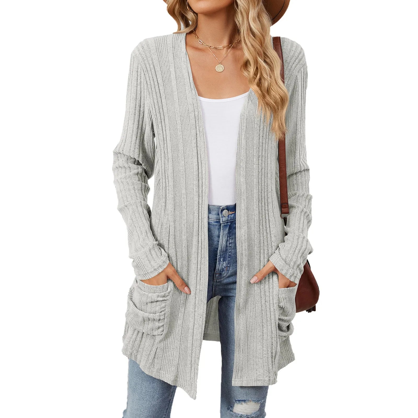 Isabelle Cardigan Long Donna – Cardigan Tricot Côtelé Ouvert con Tasche & Linea Casual