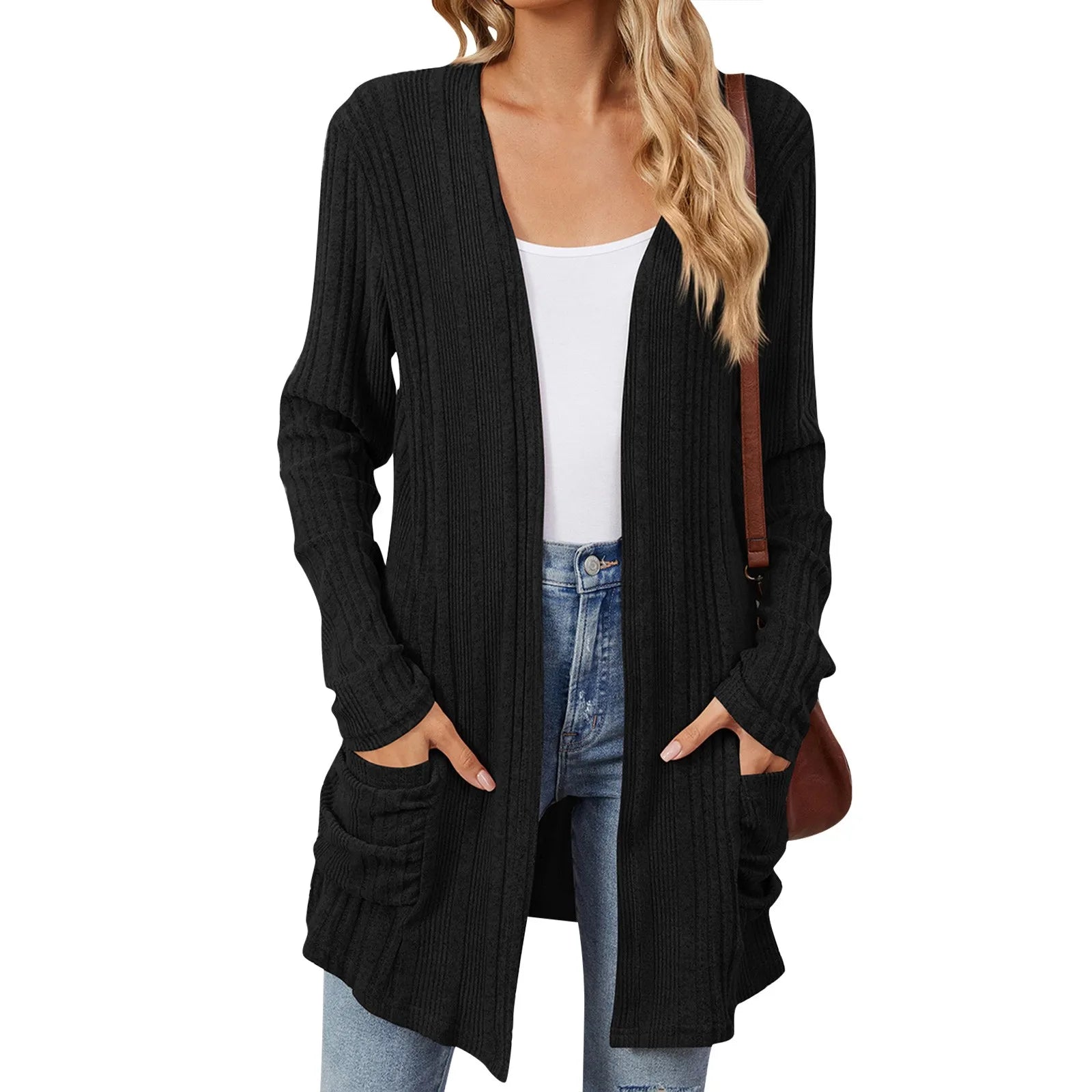 Isabelle Cardigan Long Donna – Cardigan Tricot Côtelé Ouvert con Tasche & Linea Casual