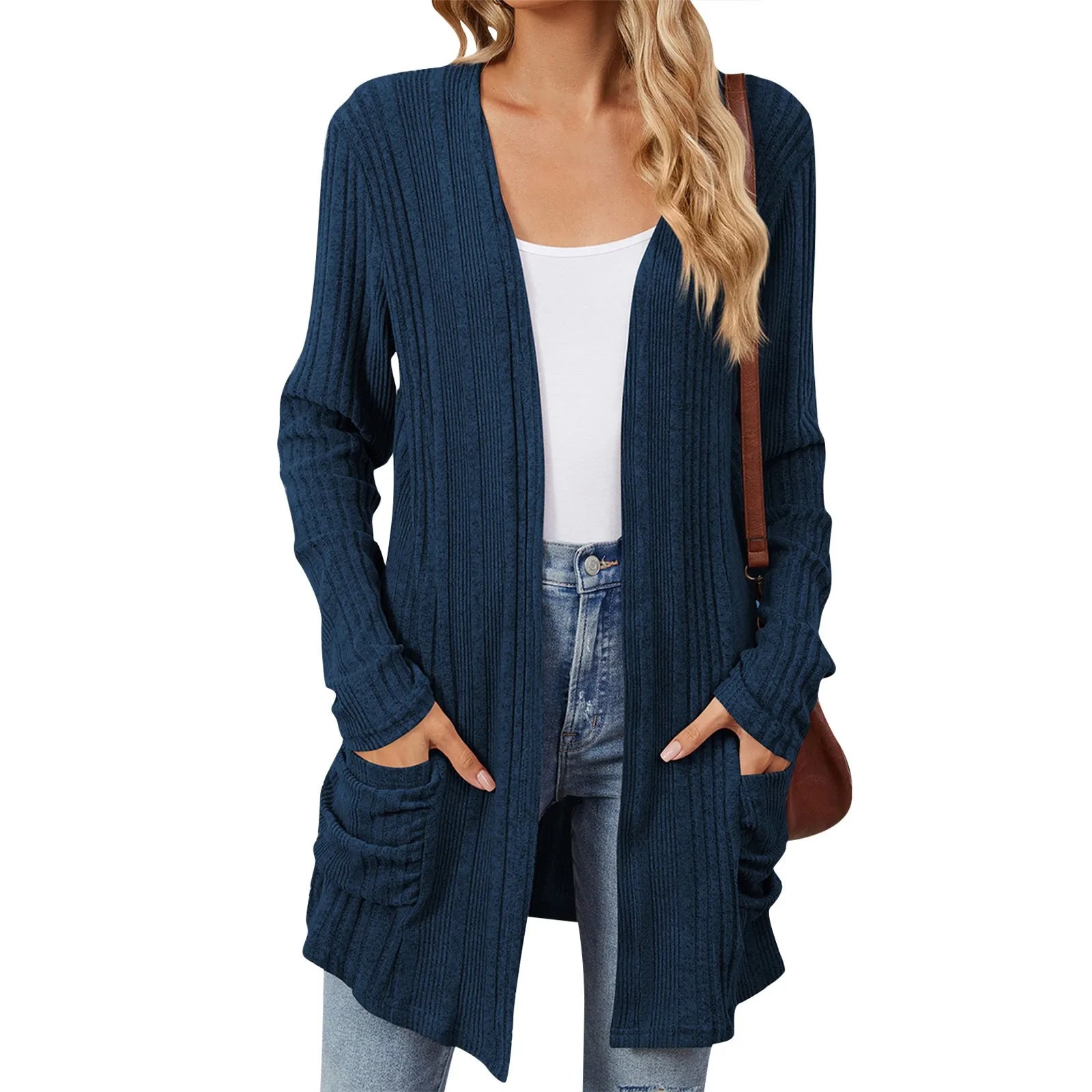 Isabelle Cardigan Long Donna – Cardigan Tricot Côtelé Ouvert con Tasche & Linea Casual