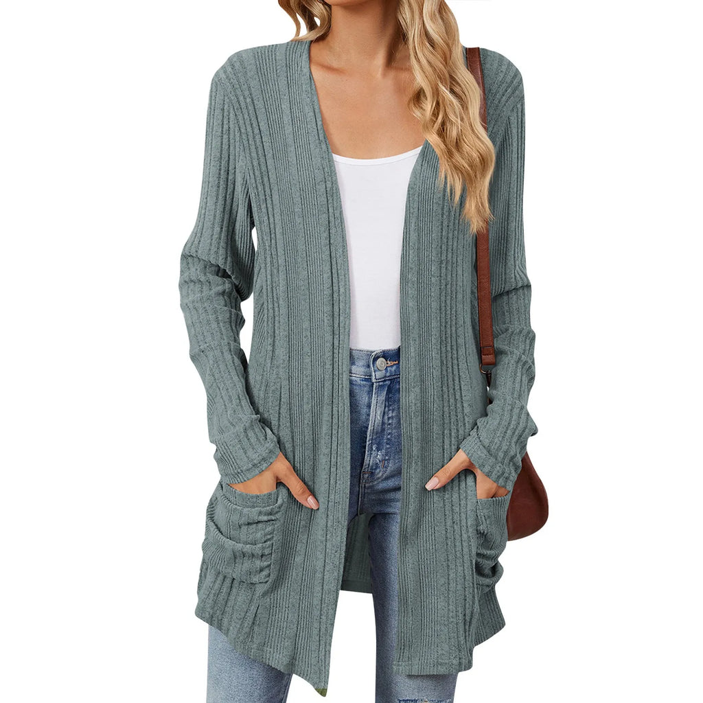 Isabelle Cardigan Long Donna – Cardigan Tricot Côtelé Ouvert con Tasche & Linea Casual