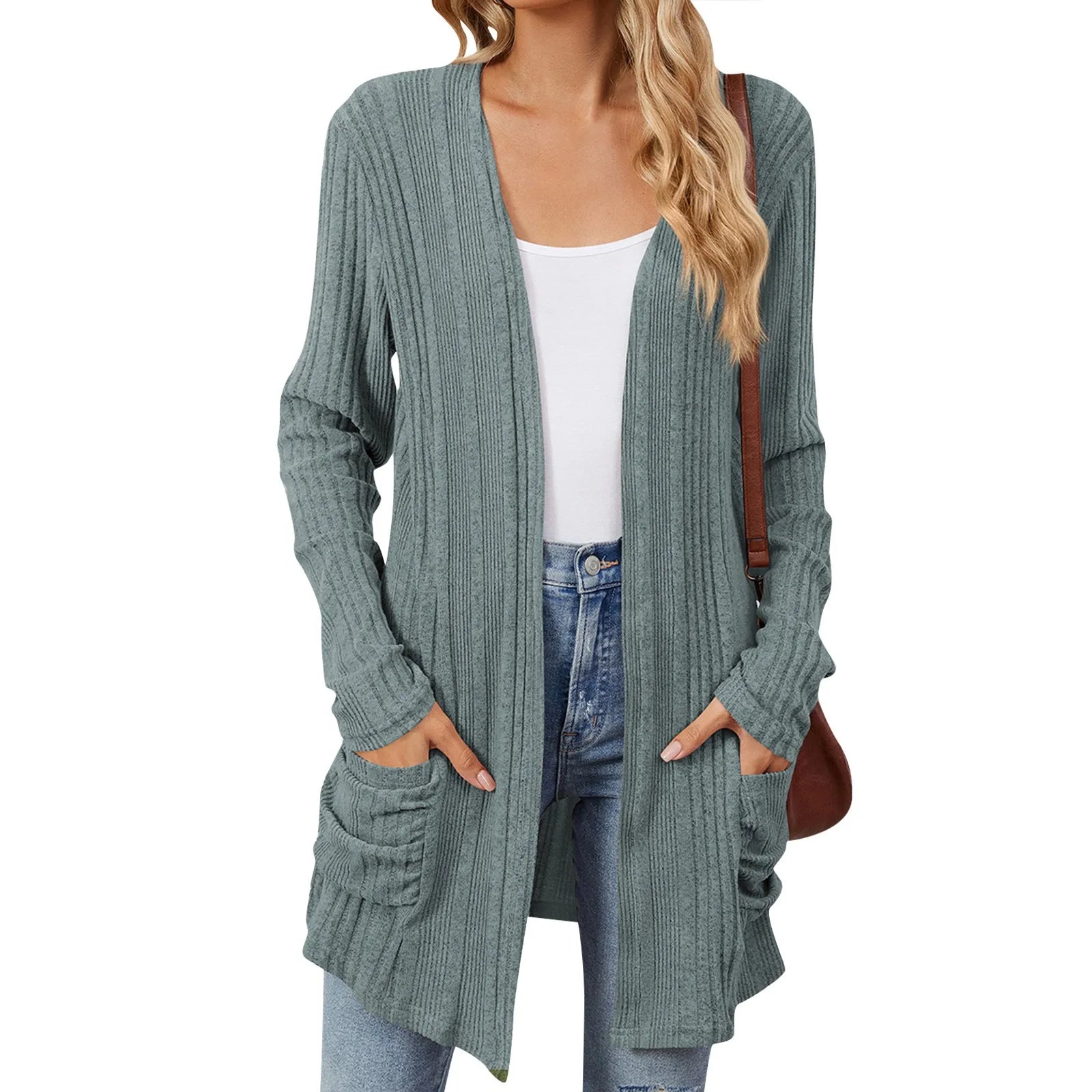Isabelle Cardigan Long Donna – Cardigan Tricot Côtelé Ouvert con Tasche & Linea Casual