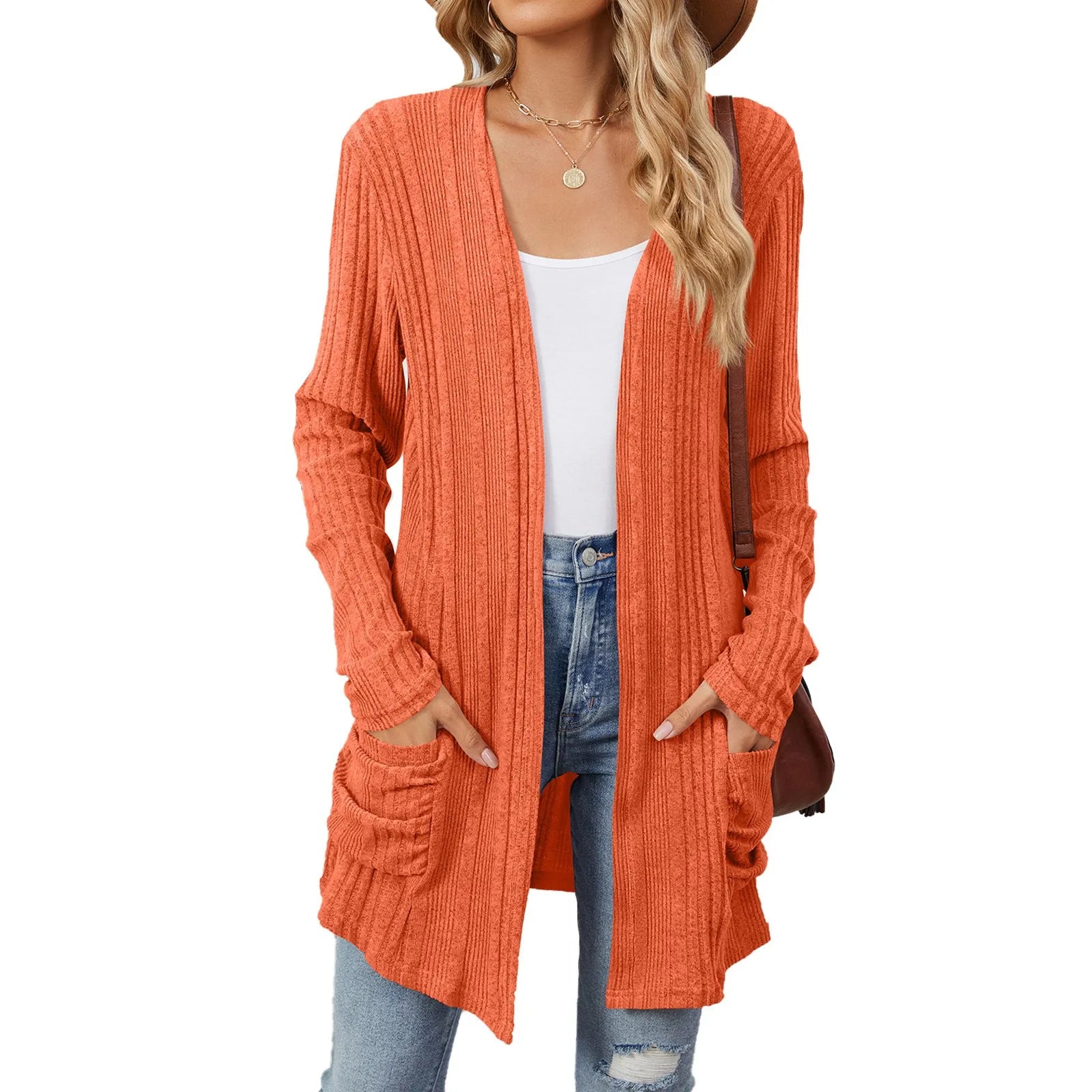 Isabelle Cardigan Long Donna – Cardigan Tricot Côtelé Ouvert con Tasche & Linea Casual
