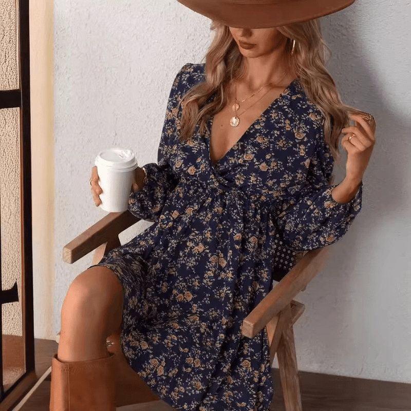 Selina Abito Mini Donna – Stampa Floral Romantique con Scollo a V e Linea Ajustée e Fluida