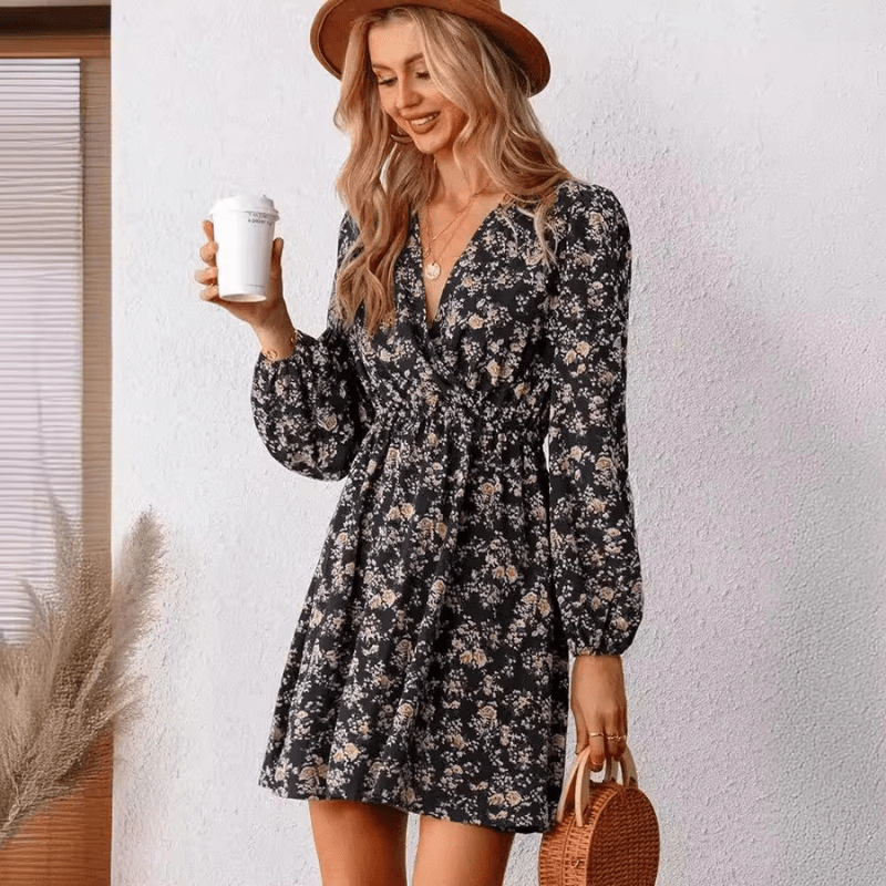 Selina Abito Mini Donna – Stampa Floral Romantique con Scollo a V e Linea Ajustée e Fluida