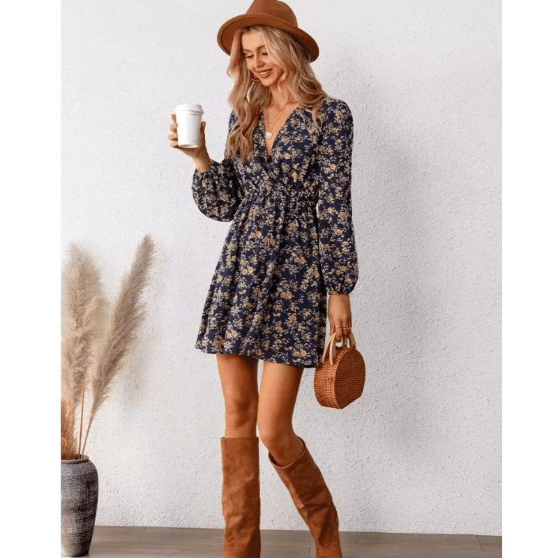 Selina Abito Mini Donna – Stampa Floral Romantique con Scollo a V e Linea Ajustée e Fluida