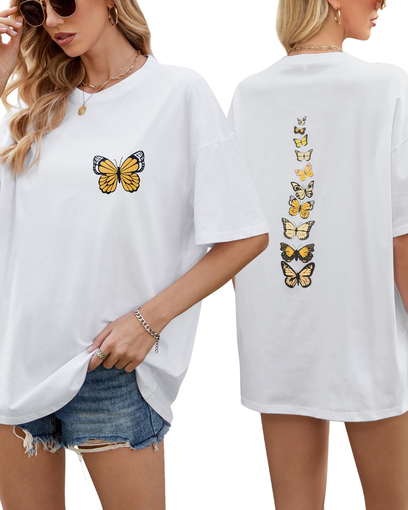 Sloane T-Shirt Oversize Donna – Tee Vintage in Cotone con Stampa Papillon & Vestibilità Morbida