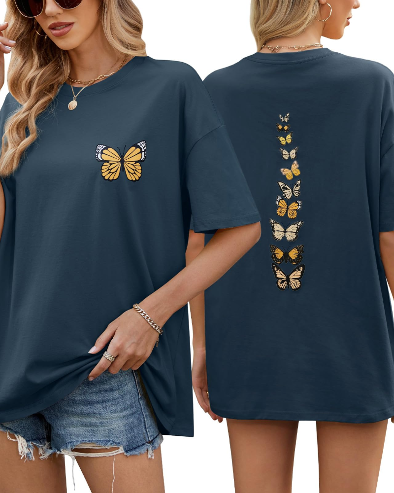 Sloane T-Shirt Oversize Donna – Tee Vintage in Cotone con Stampa Papillon & Vestibilità Morbida
