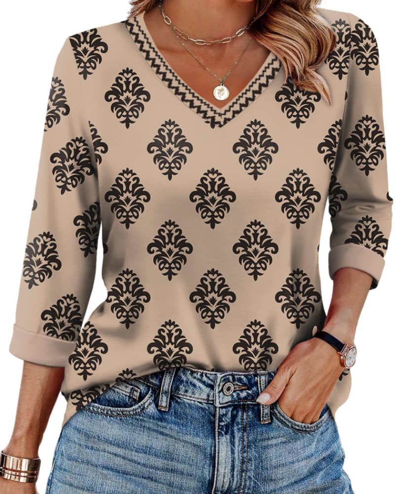 Indie Tunique Donna – Top Scollo a V Manches 3/4 Vestibilità Morbida Basique & Confortevole