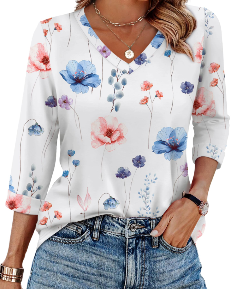 Indie Tunique Donna – Top Scollo a V Manches 3/4 Vestibilità Morbida Basique & Confortevole