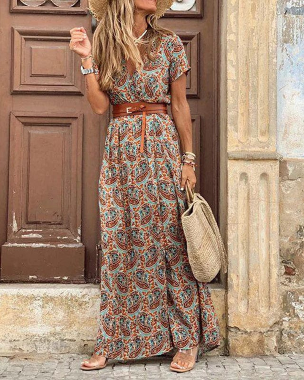 Robe Longue Donna Sanne – Abito Bohémien d’Estate con Stampa Ibiza, Col in V & Vita Elastica