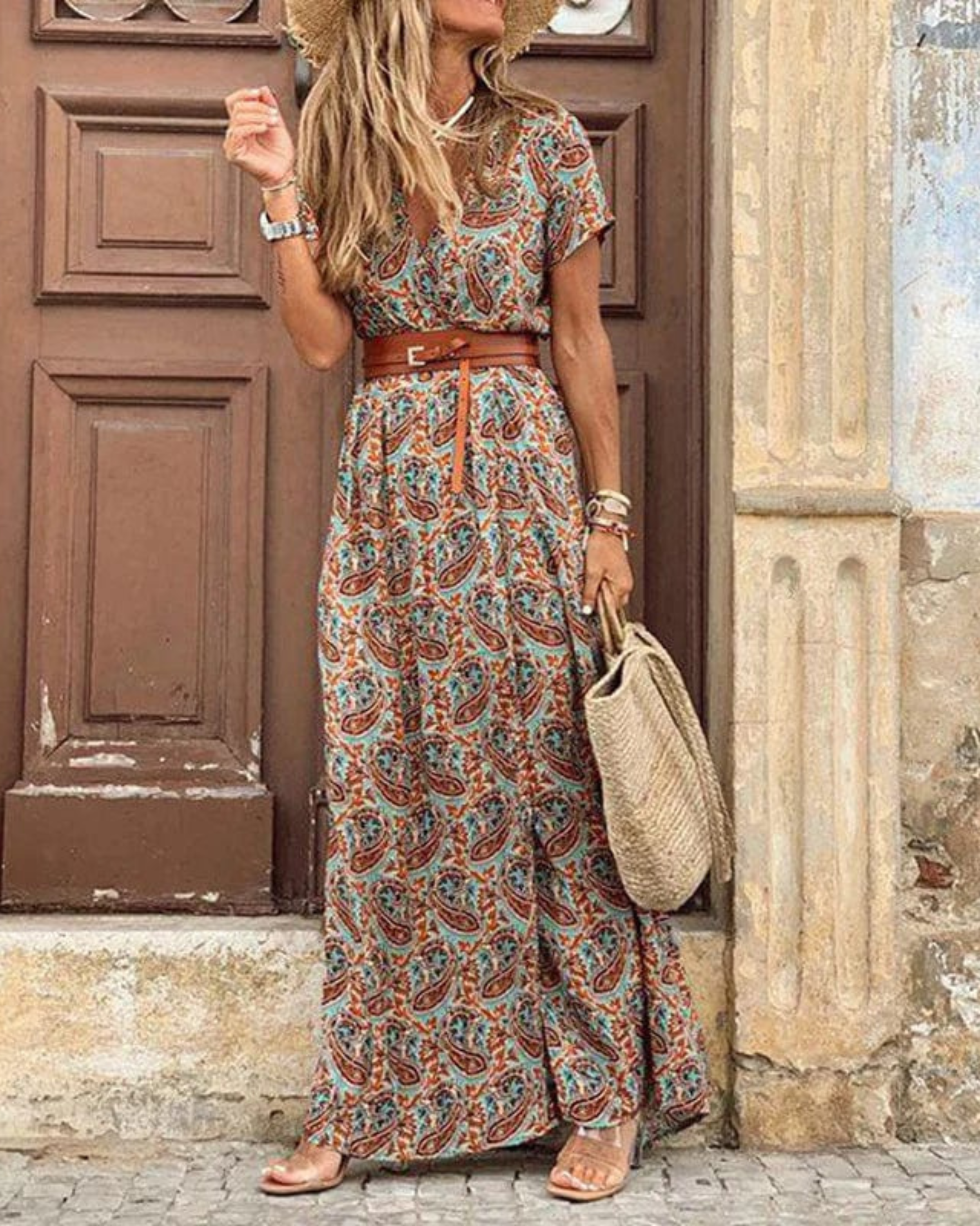 Robe Longue Donna Sanne – Abito Bohémien d’Estate con Stampa Ibiza, Col in V & Vita Elastica