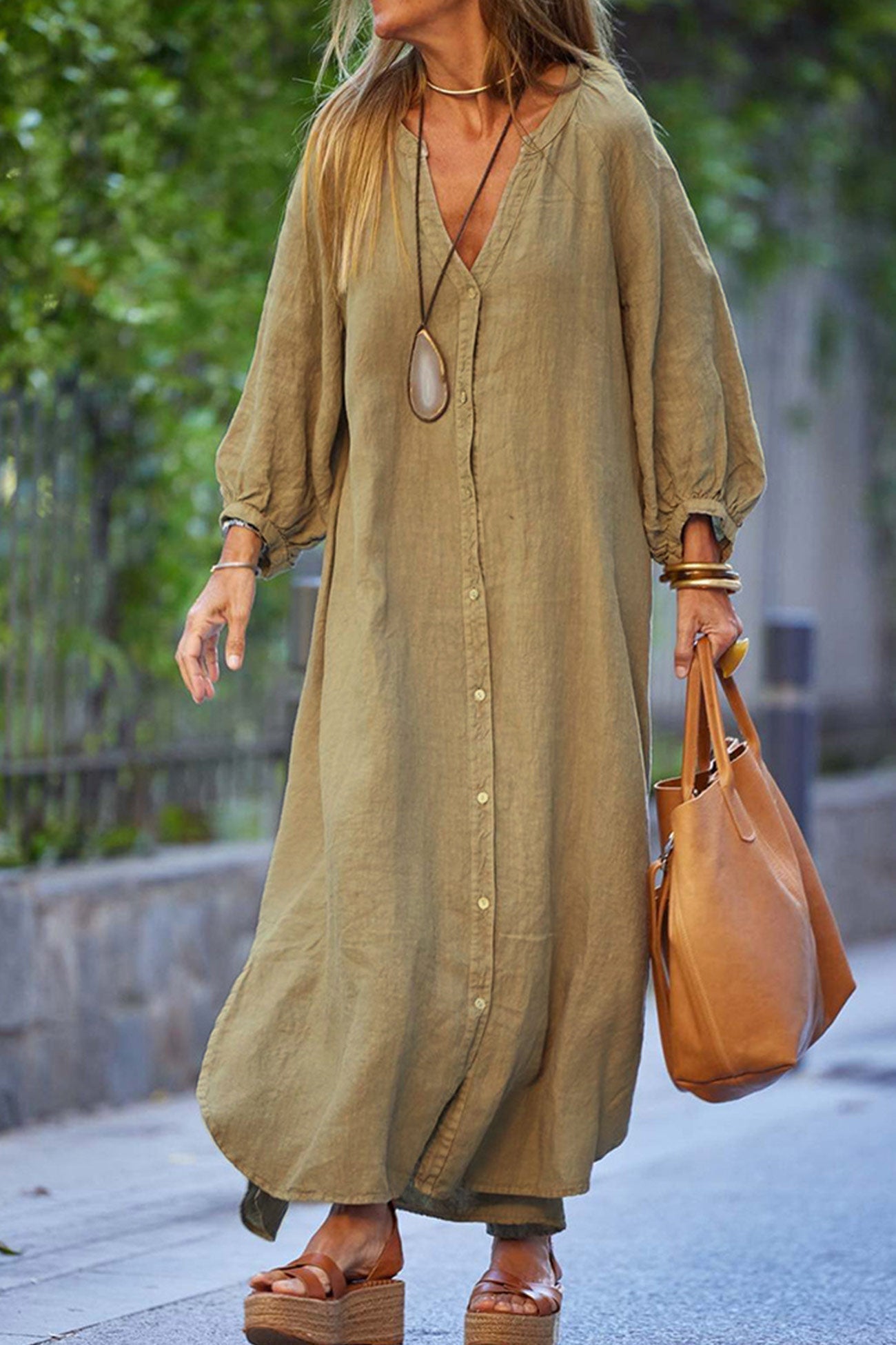 Robe Donna Veanna – Elegante Abito a Maniche Lunghe con Col in V & Boutonnage