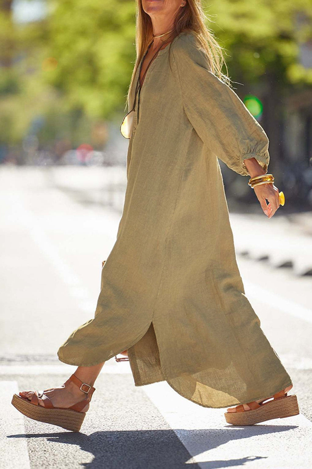 Robe Donna Veanna – Elegante Abito a Maniche Lunghe con Col in V & Boutonnage