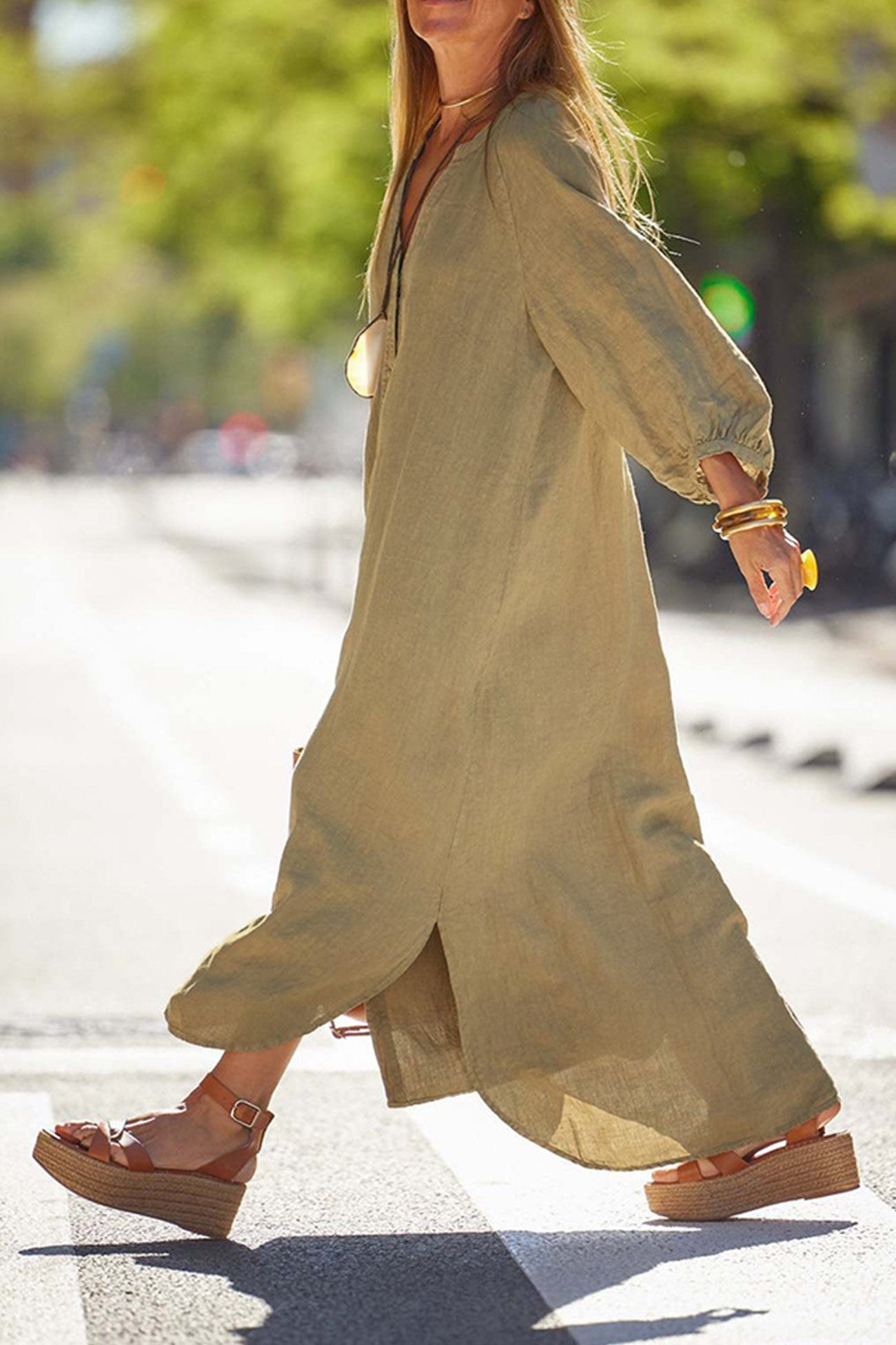 Robe Donna Veanna – Elegante Abito a Maniche Lunghe con Col in V & Boutonnage