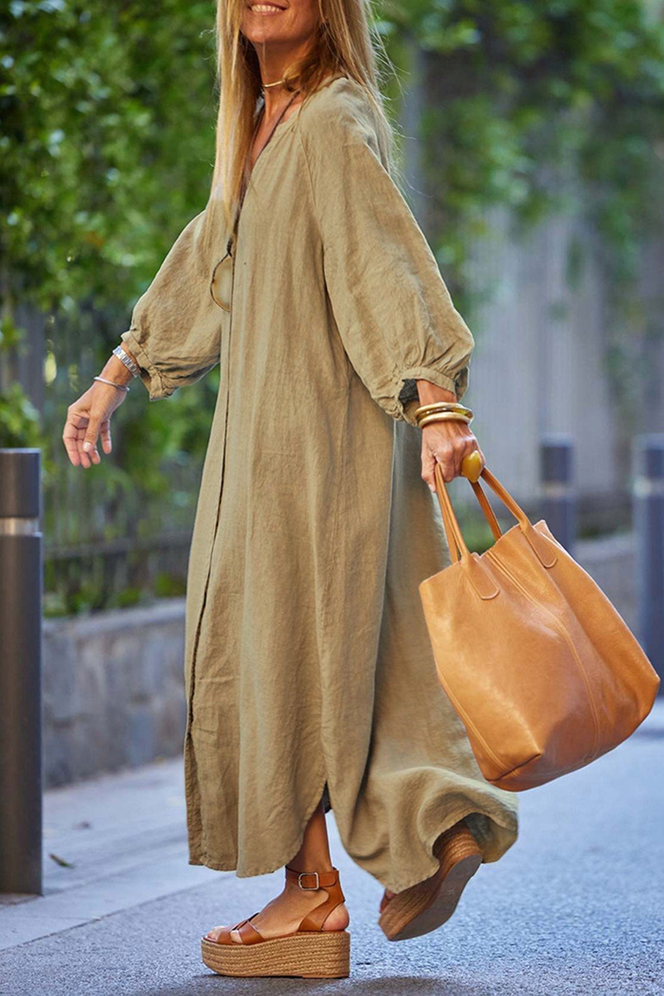 Robe Donna Veanna – Elegante Abito a Maniche Lunghe con Col in V & Boutonnage