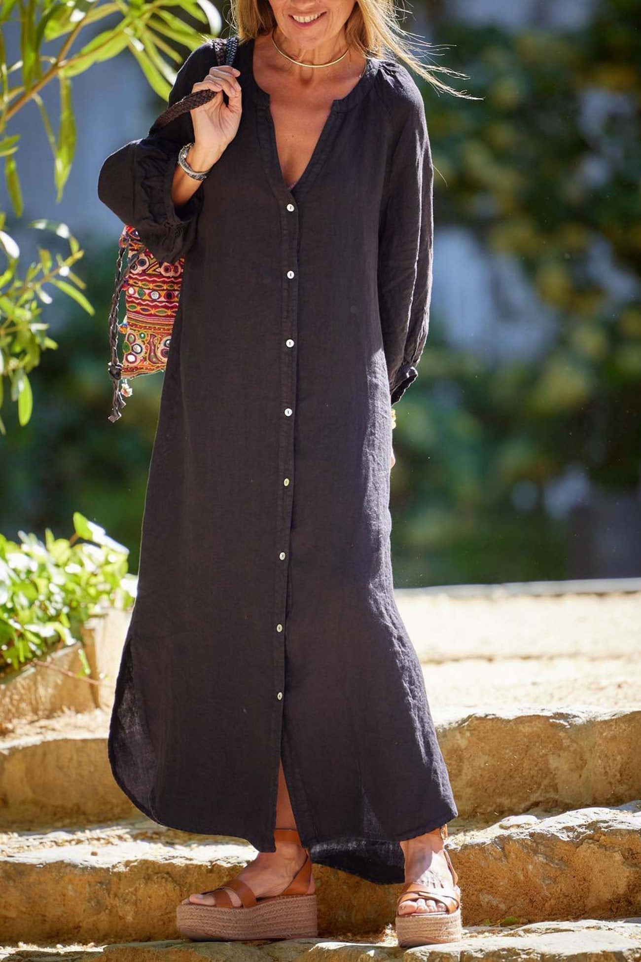 Robe Donna Veanna – Elegante Abito a Maniche Lunghe con Col in V & Boutonnage