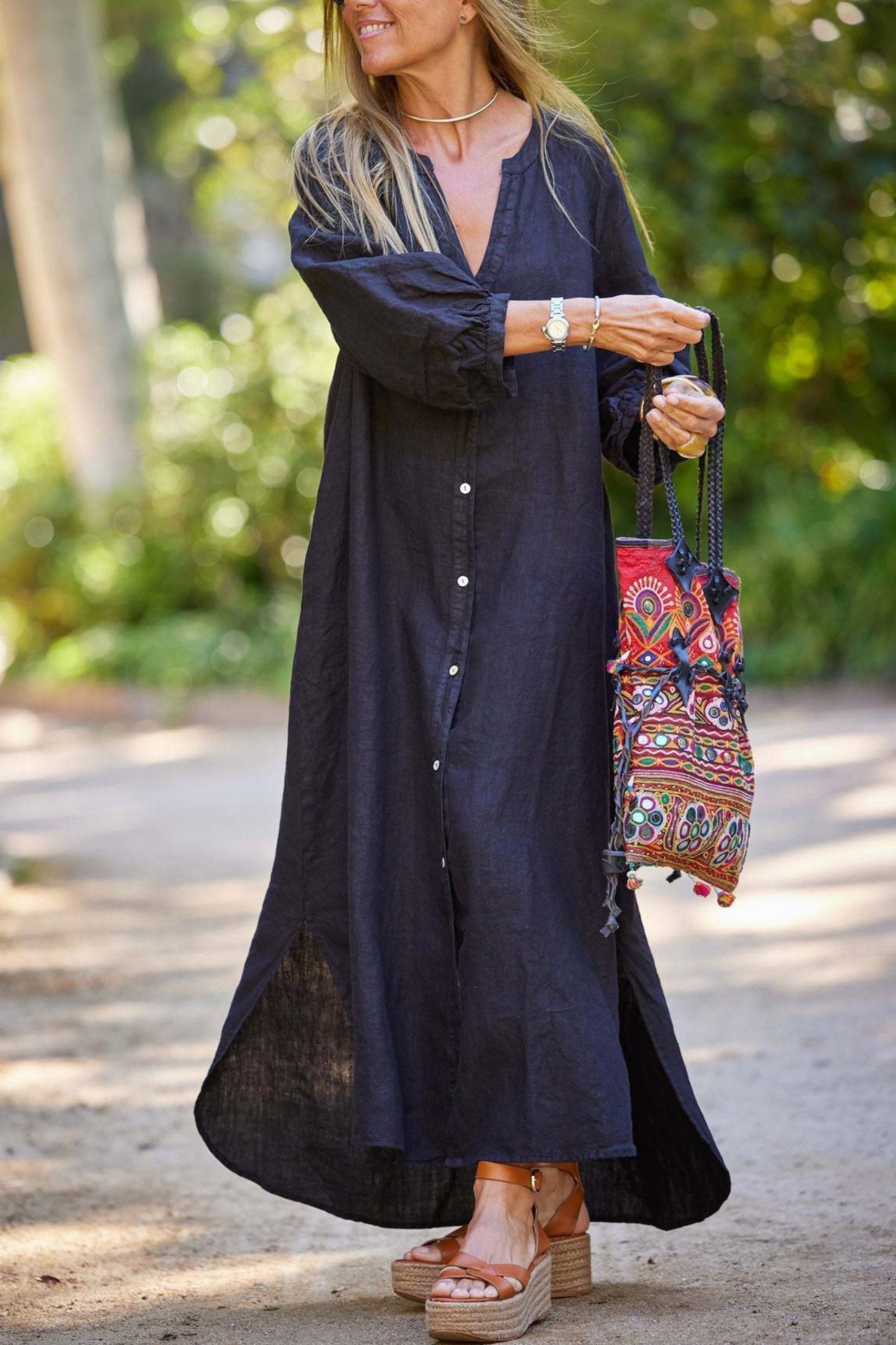 Robe Donna Veanna – Elegante Abito a Maniche Lunghe con Col in V & Boutonnage