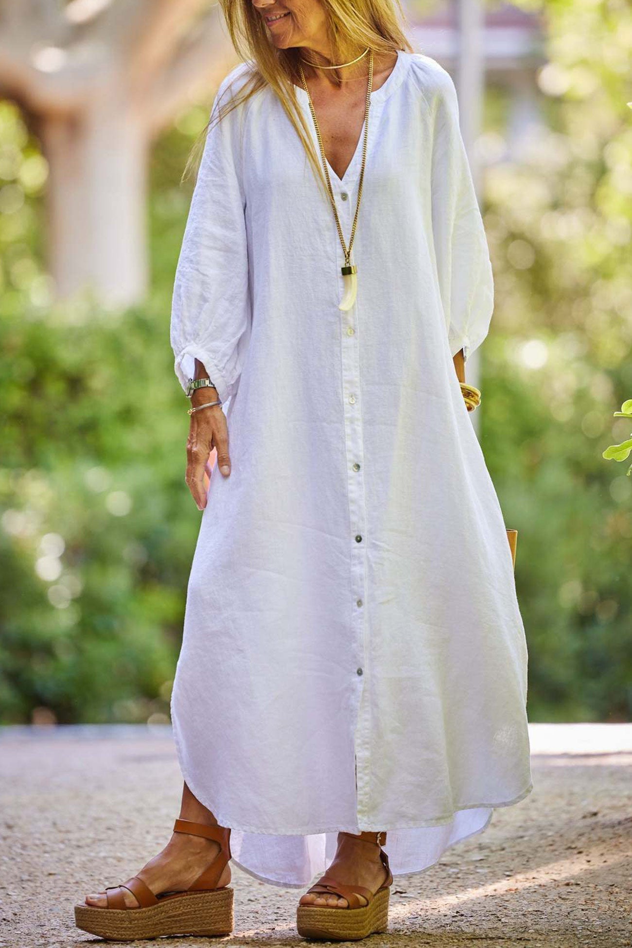 Robe Donna Veanna – Elegante Abito a Maniche Lunghe con Col in V & Boutonnage