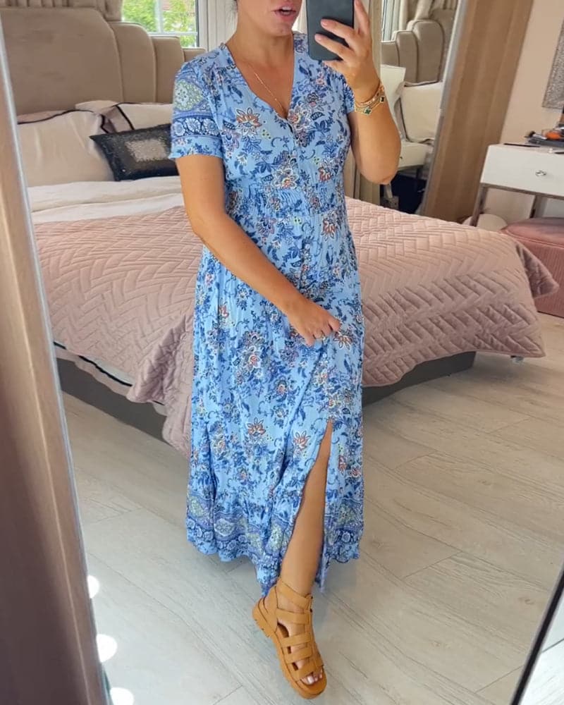 Vernelie Abito Maxi Donna – Abito a Fiori Boutonnée, Linea Fluida & Style Romantique