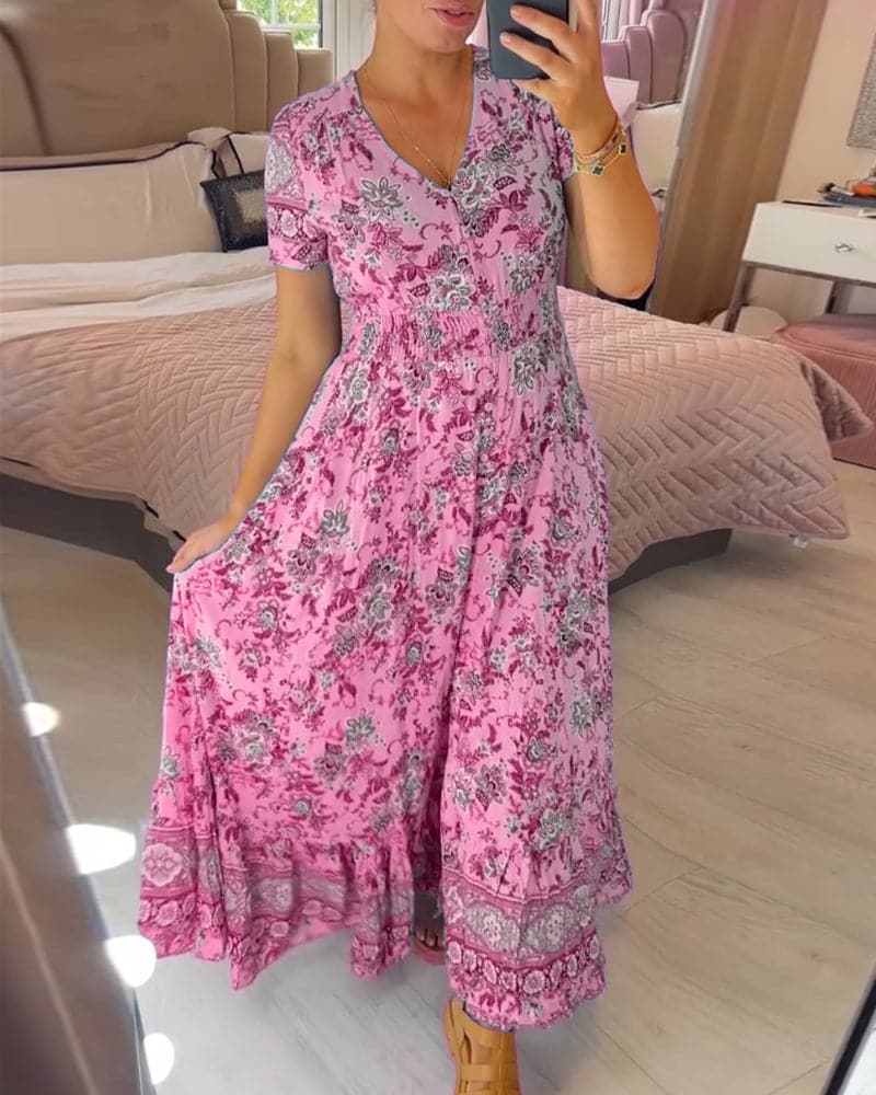 Vernelie Abito Maxi Donna – Abito a Fiori Boutonnée, Linea Fluida & Style Romantique