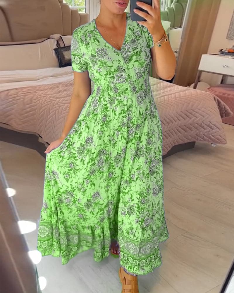 Vernelie Abito Maxi Donna – Abito a Fiori Boutonnée, Linea Fluida & Style Romantique