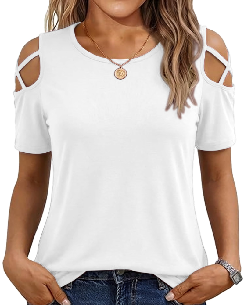 Vina Top Donna – T-shirt Épaules Dénudées, Linea Fluida High-Low & Style Estate Tendance
