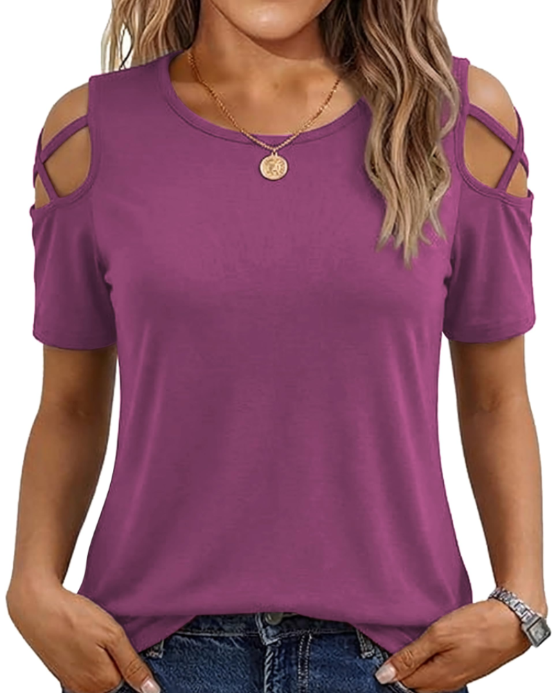 Vina Top Donna – T-shirt Épaules Dénudées, Linea Fluida High-Low & Style Estate Tendance