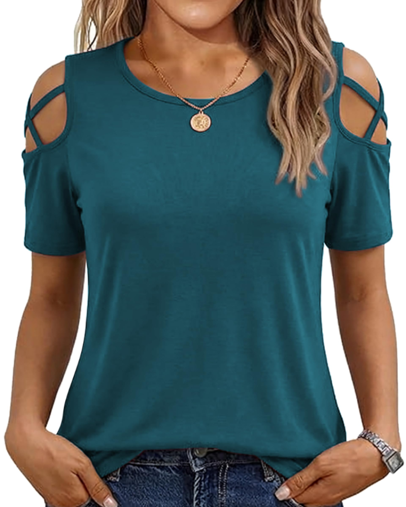 Vina Top Donna – T-shirt Épaules Dénudées, Linea Fluida High-Low & Style Estate Tendance