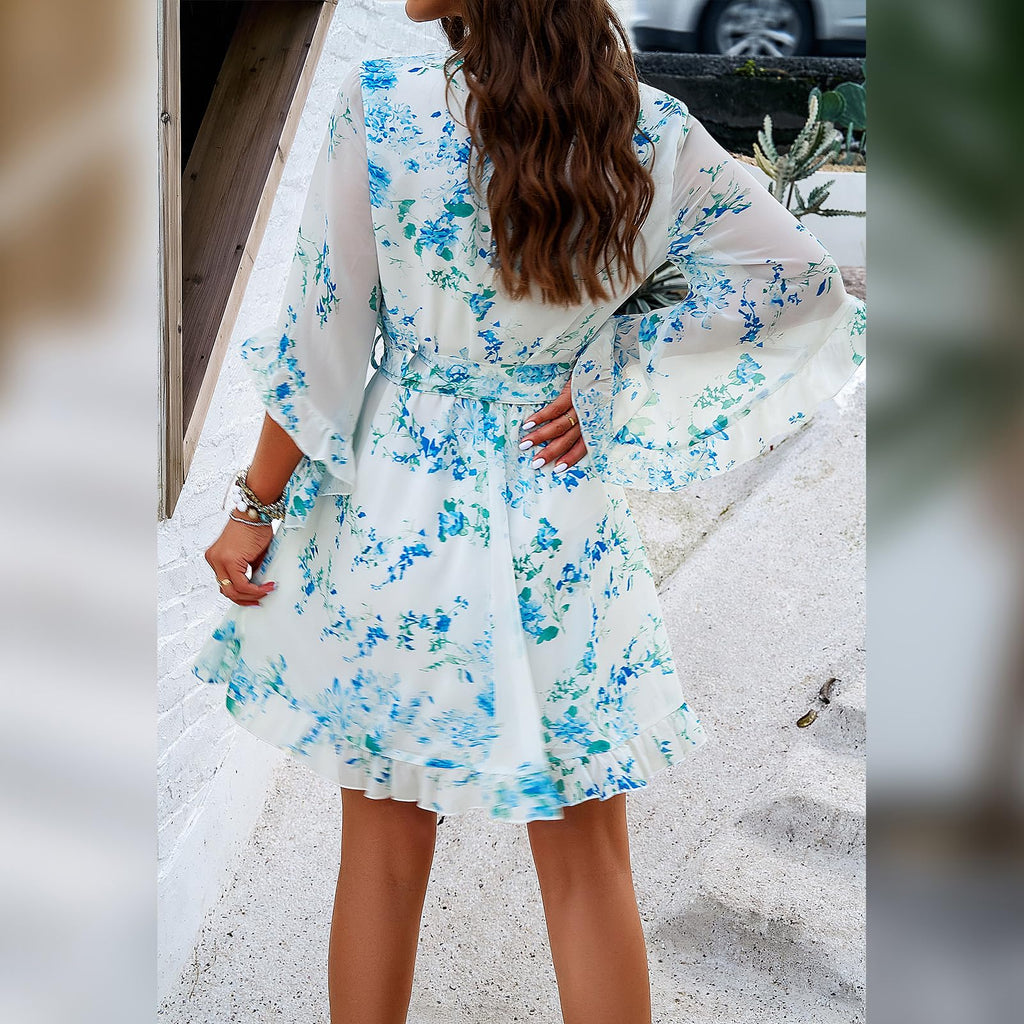Odessa Abito Donna – Cache-Cœur Scollo a V Floral, Manches Cloche & Mousseline Mini Elegante
