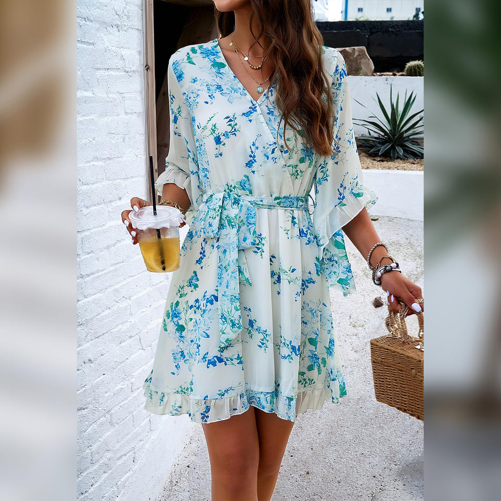 Odessa Abito Donna – Cache-Cœur Scollo a V Floral, Manches Cloche & Mousseline Mini Elegante