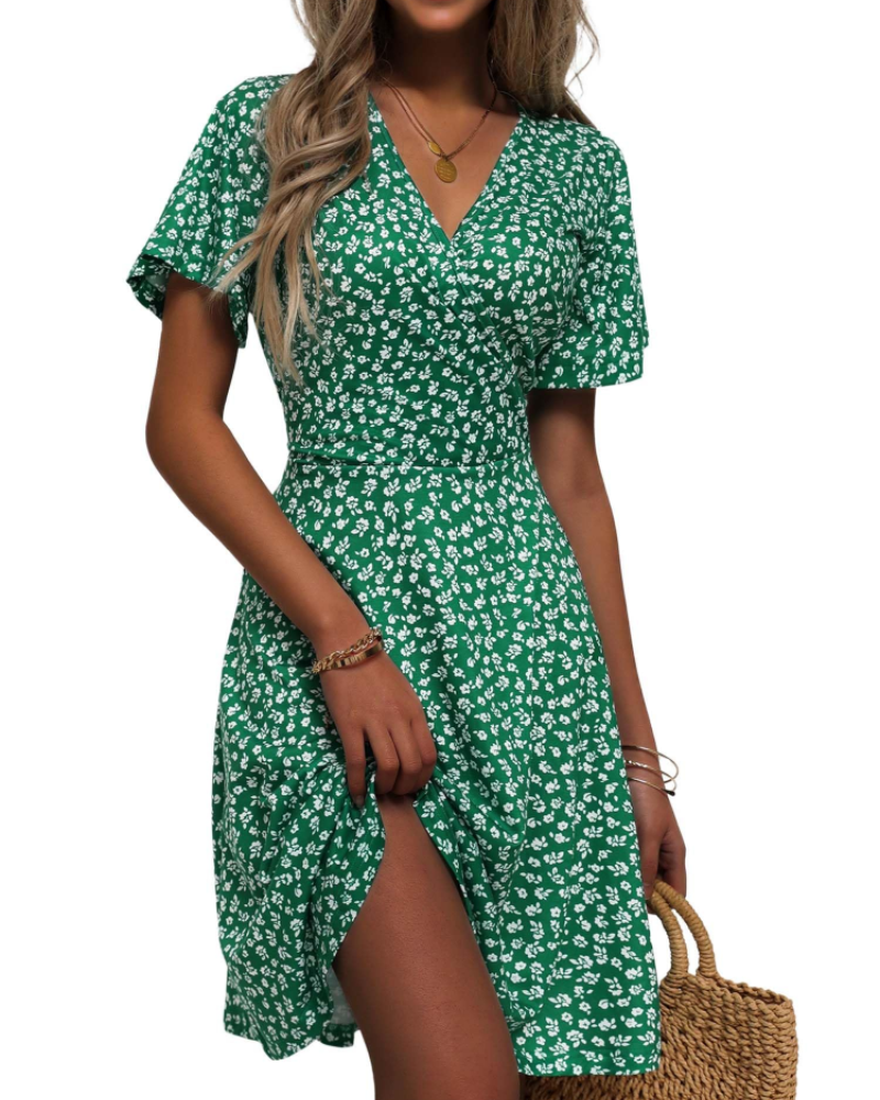 Mella Abito Donna – Abito Portefeuille a Fiori Scollo a V, Linea a Trapezio & Balze