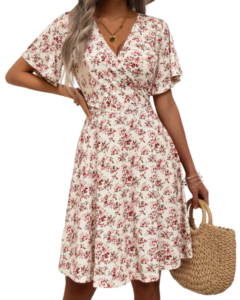 Mella Abito Donna – Abito Portefeuille a Fiori Scollo a V, Linea a Trapezio & Balze