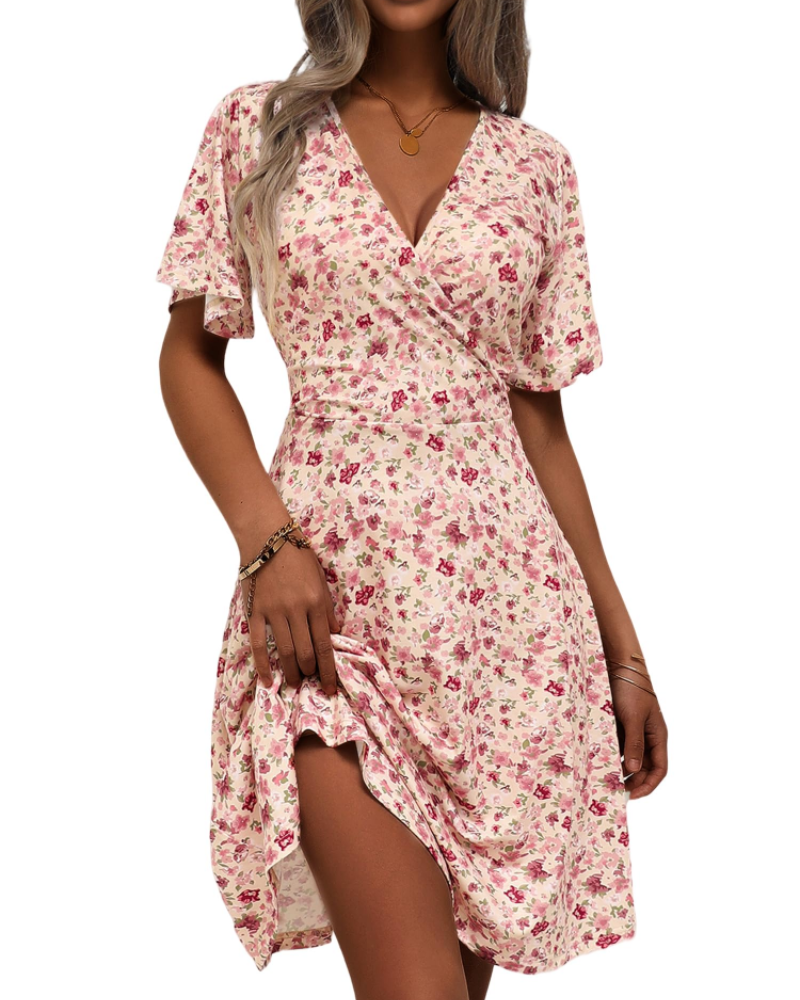 Mella Abito Donna – Abito Portefeuille a Fiori Scollo a V, Linea a Trapezio & Balze