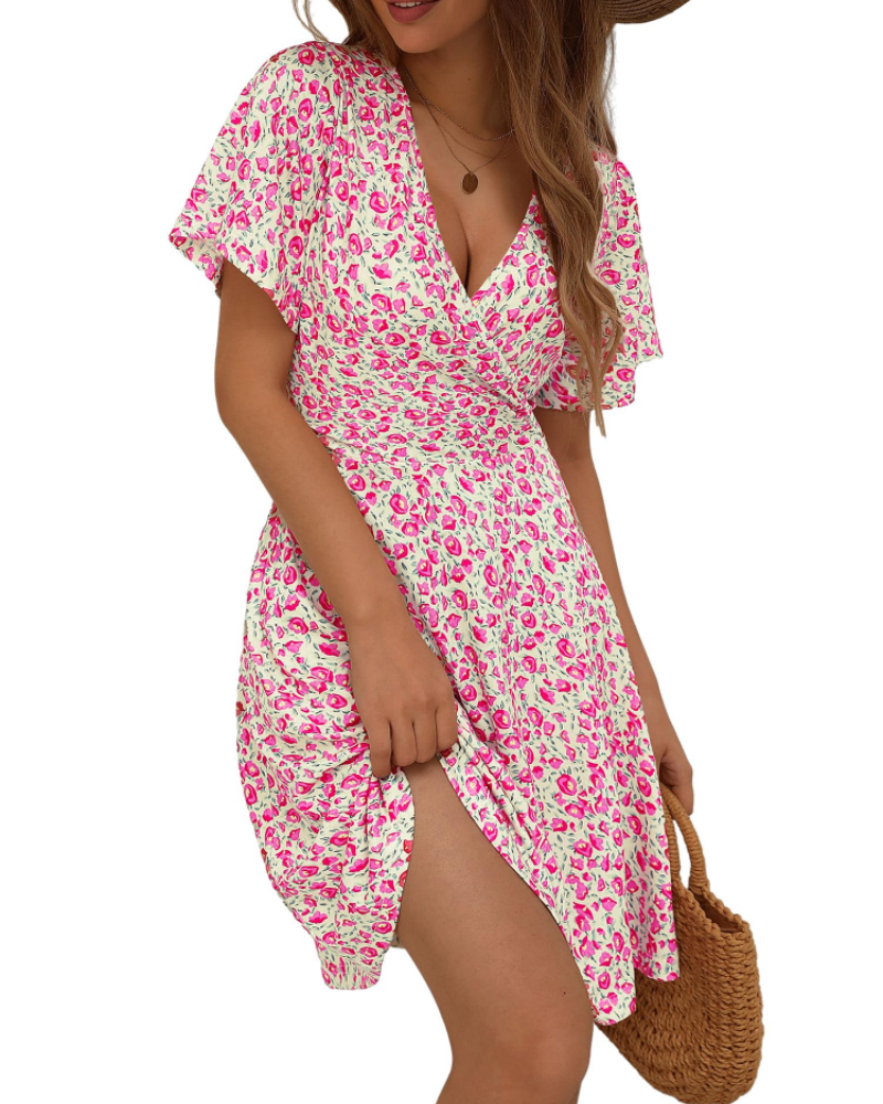 Mella Abito Donna – Abito Portefeuille a Fiori Scollo a V, Linea a Trapezio & Balze