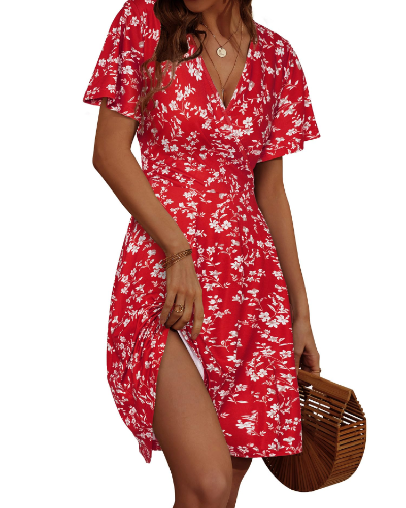 Mella Abito Donna – Abito Portefeuille a Fiori Scollo a V, Linea a Trapezio & Balze