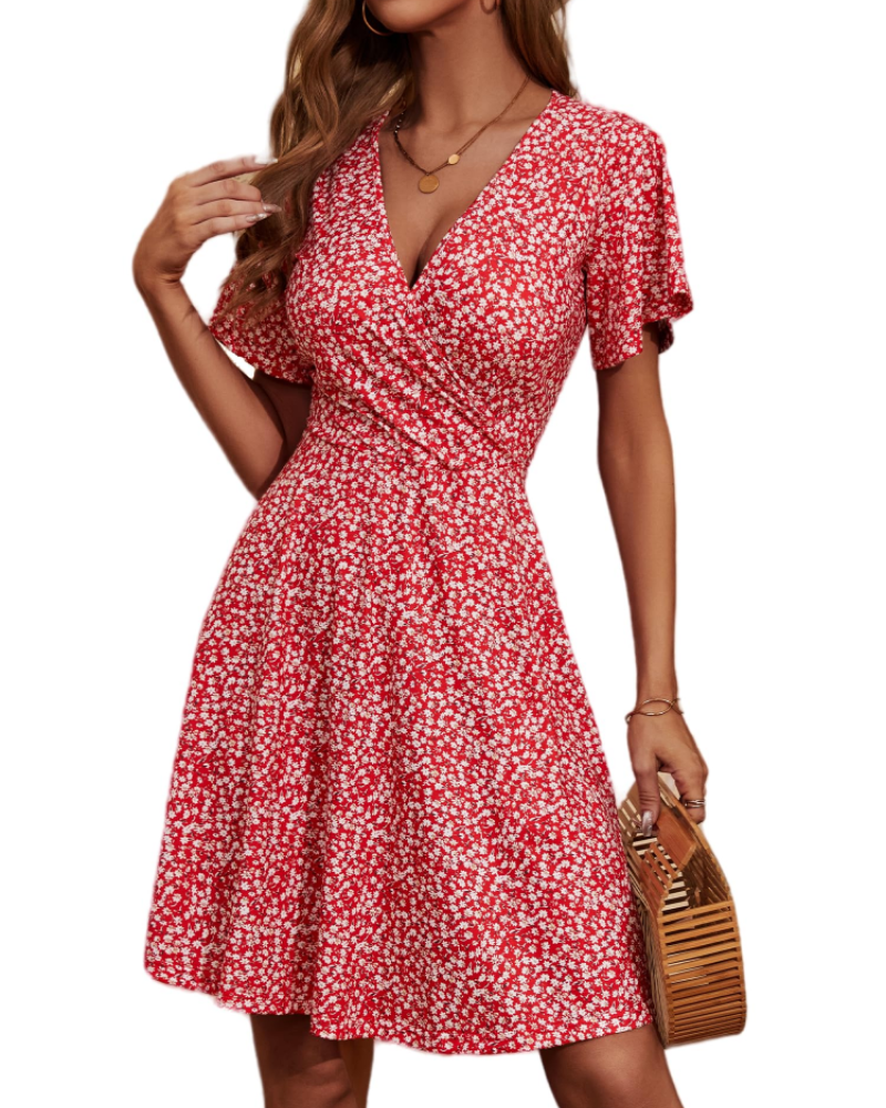 Mella Abito Donna – Abito Portefeuille a Fiori Scollo a V, Linea a Trapezio & Balze