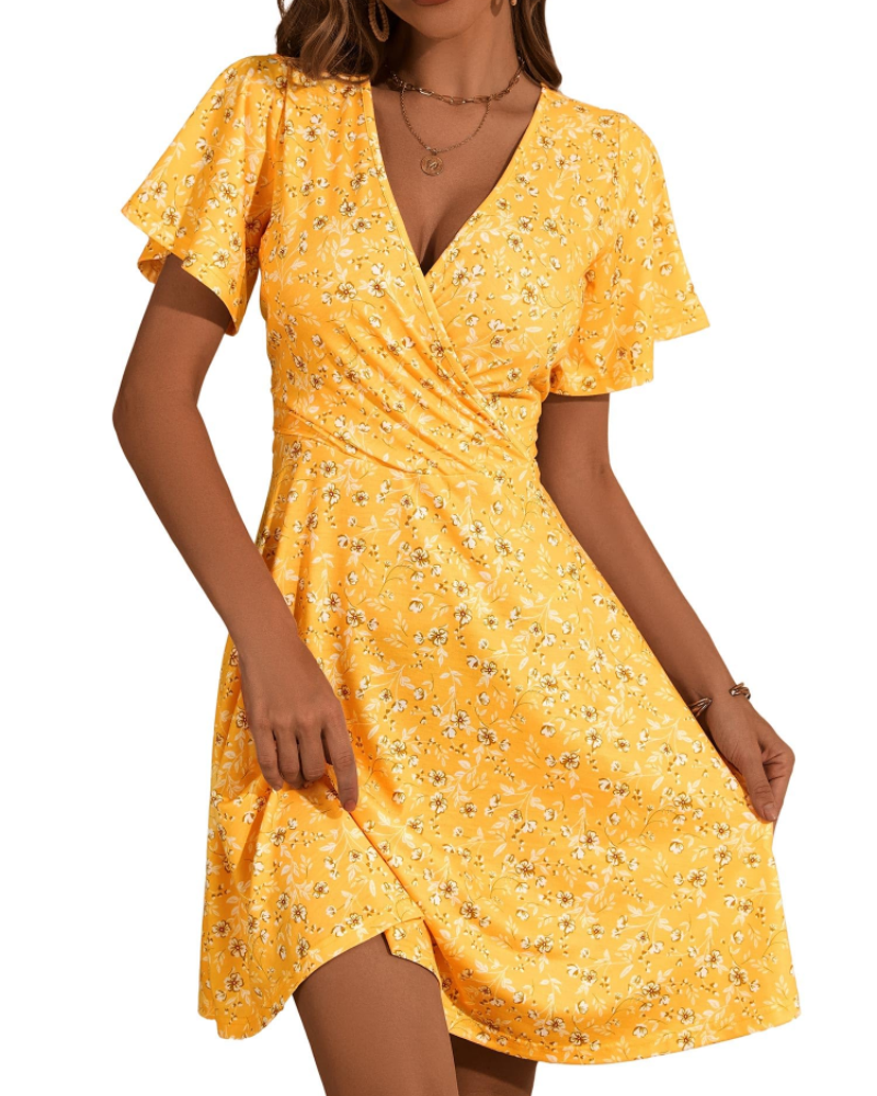 Mella Abito Donna – Abito Portefeuille a Fiori Scollo a V, Linea a Trapezio & Balze