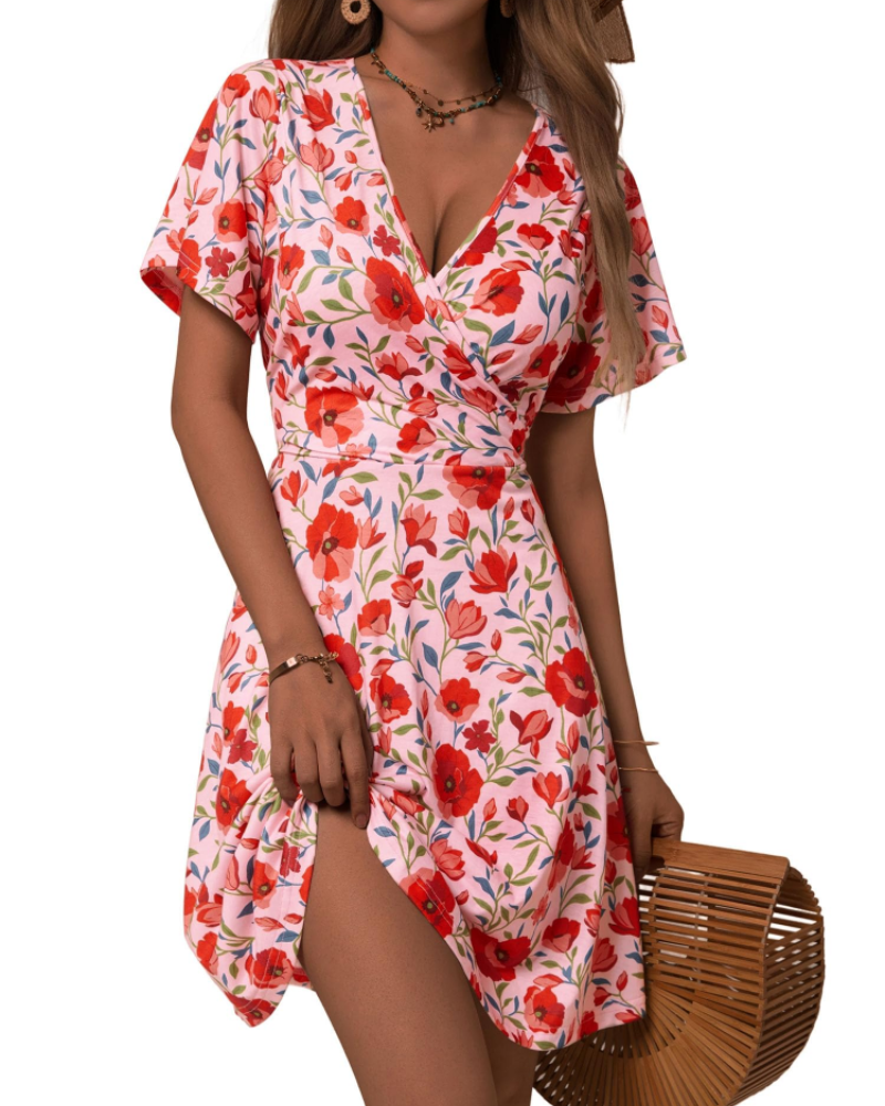 Mella Abito Donna – Abito Portefeuille a Fiori Scollo a V, Linea a Trapezio & Balze
