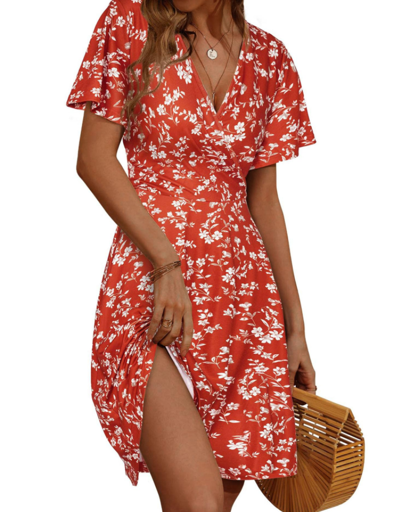 Mella Abito Donna – Abito Portefeuille a Fiori Scollo a V, Linea a Trapezio & Balze