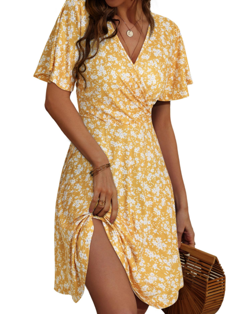 Mella Abito Donna – Abito Portefeuille a Fiori Scollo a V, Linea a Trapezio & Balze
