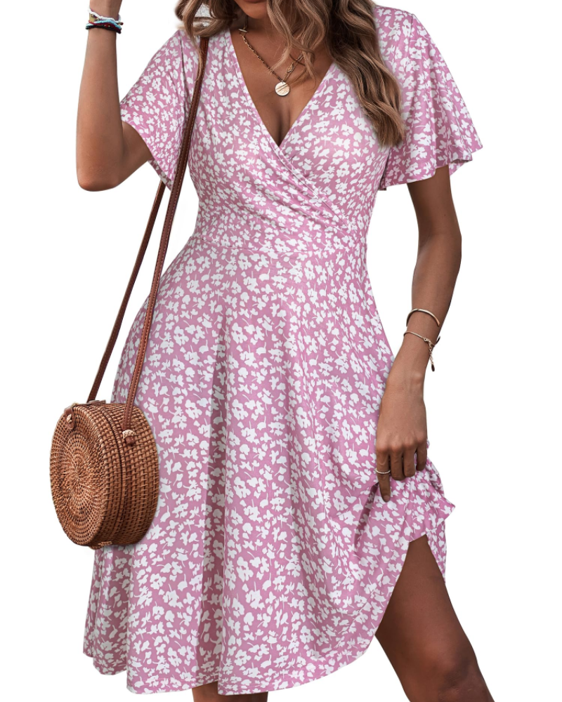 Mella Abito Donna – Abito Portefeuille a Fiori Scollo a V, Linea a Trapezio & Balze