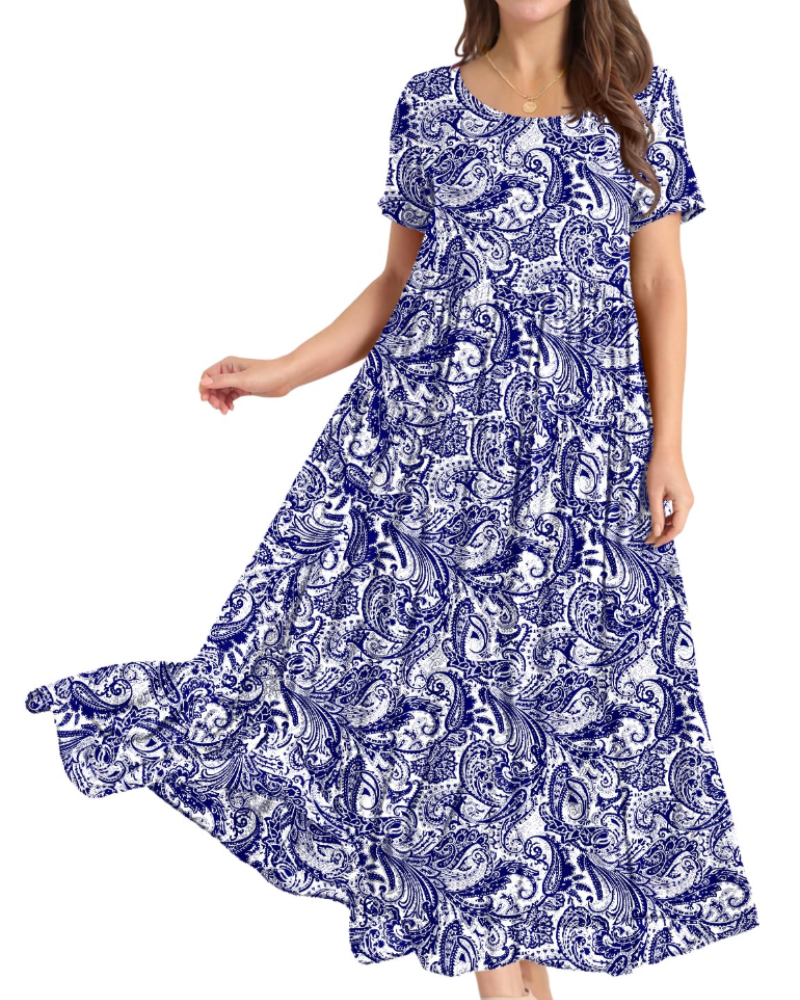 Rina Abito Maxi Donna – Abito Bohémien a Fiori Cotone Girocollo & Tasche Estate