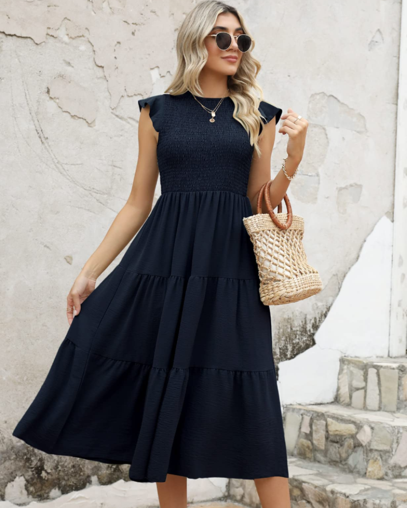 Plinky Abito Donna – Abito Estate Balze Vita Elastica a Trapezio Mi-Longue